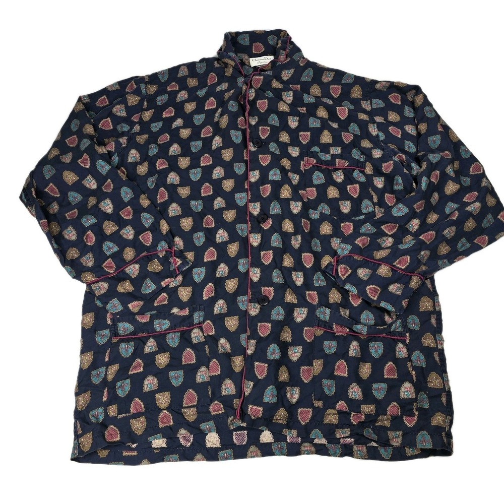 Vtg Christian Dior Monsieur Pajama Sleep Shirt Top 2XL Navy Blue Crest‎ Pattern